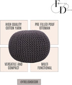 FRELISH DECOR Round Pouf Ottoman Hand Knitted 100% Cotton Pouf Foot Stool - Knitted Bean Bag - Floor Chair for Living Room Bedroom - Foot Rest for Couch (20 Diameter x 14 Height) - Brown