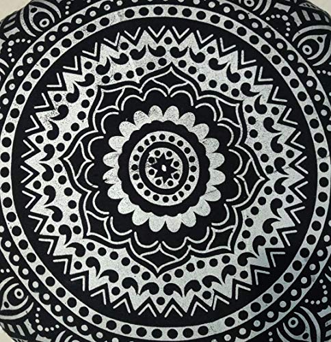 INDIAN CRAFT CASTLE 24" Black Silver Mandala Barmeri Large Floor Pillow Cover Cushion Meditation Seating Ottoman Throw Cover Hippie Decorative Zipped Bohemian Pouf Ottoman Pom Pom Cases 24" Round - color: Black Silver, style: 24 Inch Round