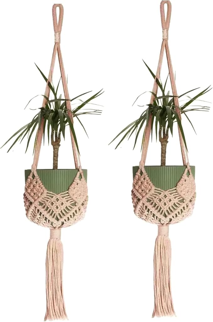 2 Pack Macrame Hanging Planters with Patterns - Stylish Plant Hangers Crochet Boho Plant Holder Hanging Plant Basket for Up to 6 Inch Pots(Caramel)