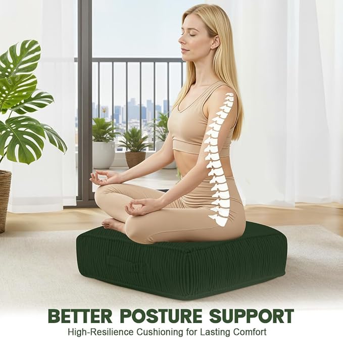 Floor Pillow for Adults Set of 2, 8" Square Floor Cushions with Washable Cover, Large Corduroy Meditation Pillow, 22 inches Tatami Seat with Handle for Living Room or Yoga, Green