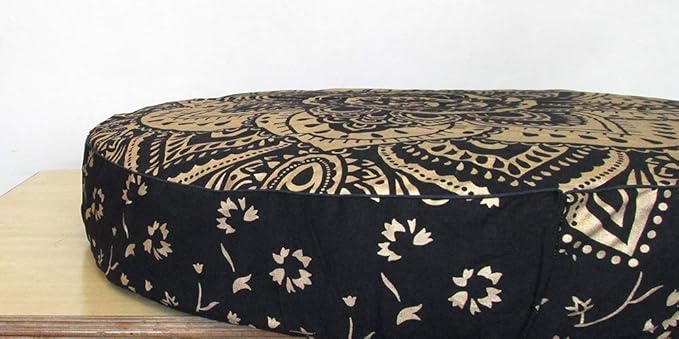 Large Hippie Mandala Round Floor Pillow Cover Ottoman Pouf Cover Daybed Cotton Cushion Cover with Heavy Duty Zipper Seating Ottoman Poufs Dog-Pets Bed 35" (Black Gold Flower, 35" Round)