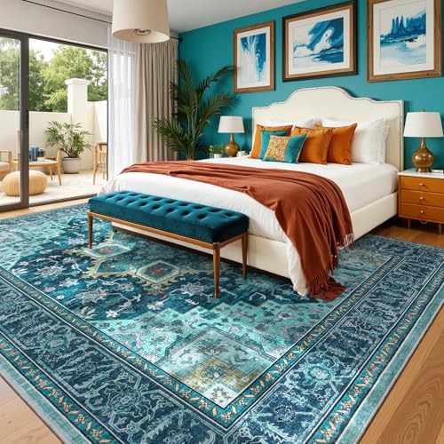 9x12 Turquoise Large Area Rugs for Living Room - Boho Teal Green Medallion Aesthetic Distressed Washable Rug, Soft Non-Slip Backing Low Pile Carpet for Dining Under Table, Bedroom, Office - color: Turquoise, size: 9' x 12' (Rectangular)