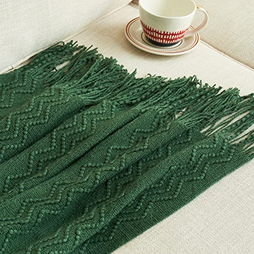 MIULEE Dark Green Knitted Throw Blanket for Couch Boho Textured Cozy Woven Blanket with Tassels for Sofa Chair Bed Living Room Acrylic Wave Pattern 50"x60" - color: Dark Green, size: 50" x 60"