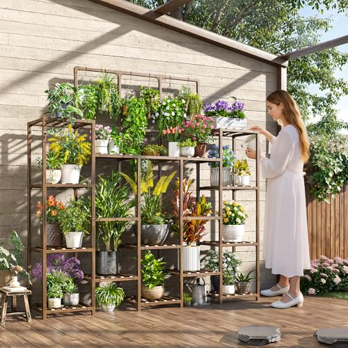 EnHomee Plant Stand Indoor Tall Plant Stand Outdoor Large Wood Plants Shelf with 18-22 Pots for Patio, Living Room, Garden, Balcony, 55.9" Wx63.1 Hx11.78 D