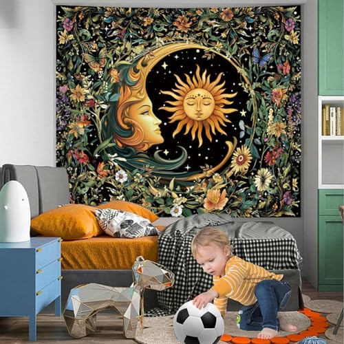 Apdidl Sun and Moon Hippie Decor Tapestry for Bedroom, Boho Hippy Mystic Floral Tapestries Wall Hanging Aesthetic, Vintage Mandala Plants Moon Cute Backdrop Wall Decor for Living Room Dorm 51"X60" - color: Sun Moon Tapestry, size: 60"L x 51"W