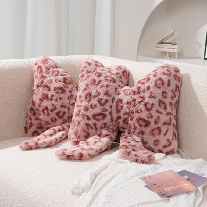 2Pcs Leopard Print Bow Throw Pillow Furry Bow Plush Pillows Cute Flower Plush Pillow Cheetah Home Decor Stuffed Bow Lumbar Pillow for Bed Couch Living Room Decor (Pink, 16in)