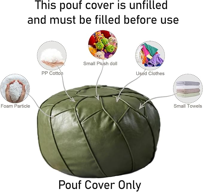 Louis Donné Handmade Moroccan Boho Chic Eco-Friendly Waterproof Faux Leather Unstuffed Pouf Ottoman Cover,Round Storage DIY Foot Rest, Ethnic Decorative Accent for Living Room Bedroom（Green）