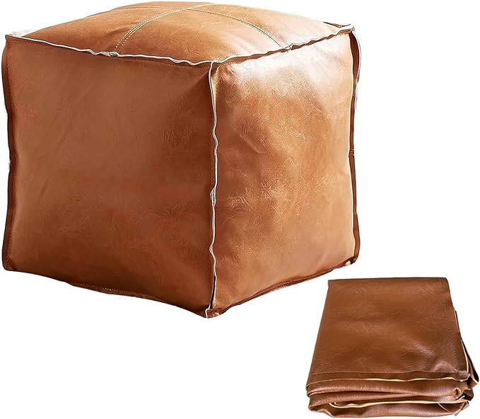 Faux Leather Unstuffed Pouf Ottoman – Square Floor Cushion Cover with Zipper Wear-Resistant & Easy to Clean Ideal for DIY Footrest or Home Storage（No Filler）