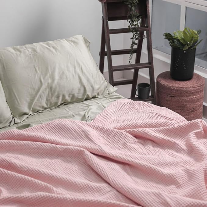 Salt Earth GOTS Certified 100% Organic Cotton Throw Blanket, 90"x90" Waffle Blankets & Throws for Bed, Throw Blanket for Couch, Cozy Christmas Blankets and Throws for Christmas Gifts (Misty Rose)