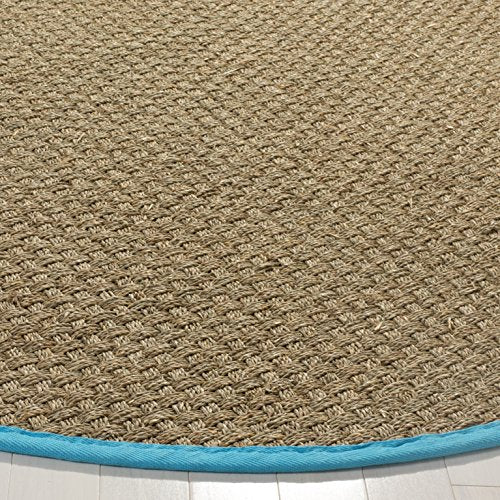 SAFAVIEH Area Rug 6' Round - Natural Fiber Collection - Natural & Turquoise, Seagrass, Basketweave Pattern with Border (NF114S) - color: Natural/Turquoise, size: 6' (Round)