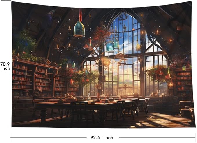 EMMTEEY Fantasy Library Wall Tapestry for Living Room 92.5X70.9 Inch - Bookshelf Wall Decor Vintage Dark Academia Backdrop for Dorm Classroom