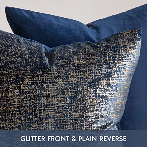 Phantoscope Pack of 2 Sparkling Velvet Geometric-Pattern Throw Decorative Pillow Cover Soft Gold Glitter Square Cushion Cover Pillowcase for Couch Bed and Chair, Navy Blue, 18 x 18 inches, 45 x 45 cm - color: Navy Blue and Gold, size: 18" x 18" (Pack of 2
