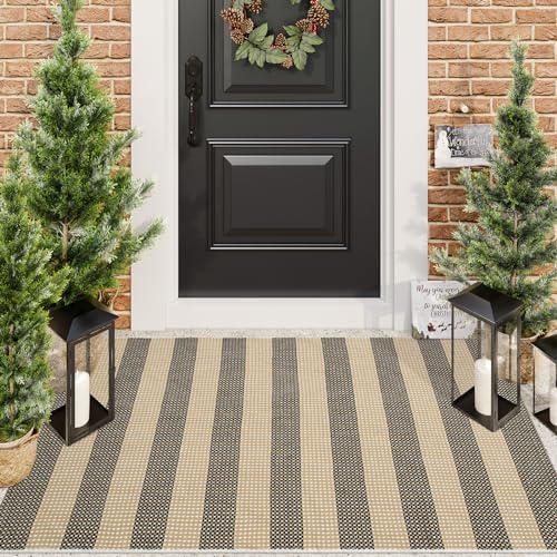 Black and Tan Boho Striped Rugs, 3x5 Rug Outdoor Front Door Mat Hand Woven Washable Rugs for Entryway, Foldable Front Porch Rug for Kitchen/Home Entrance/Farmhouse - color: Black and Tan, size: 3'x5'