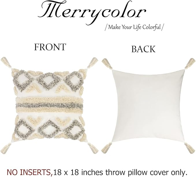 Merrycolor Boho Throw Pillow Covers 18x18 with Tassels White and Grey Decorative Throw Pillows Woven Tufted Pillowcase Modern Accent Bohemian Square Cushion Covers for Couch Sofa Bedroom Living Room