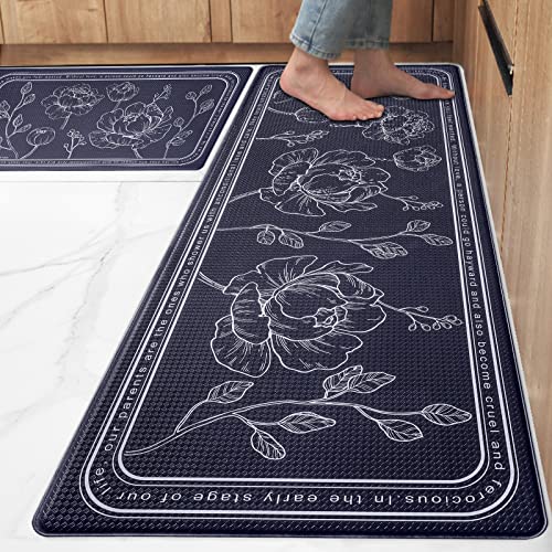 ROTTOGOON Kitchen Floor Mat Set of 2, Cushioned Anti Fatigue Kitchen Mat 17"x47"+17"x29", Non-Slip Waterproof Kitchen Rug, Premium PVC Comfort Kitchen Mats and Rugs for Kitchen, Office, Home, Laundry - color: Navy Blue, size: 17"x47"+17"x29"