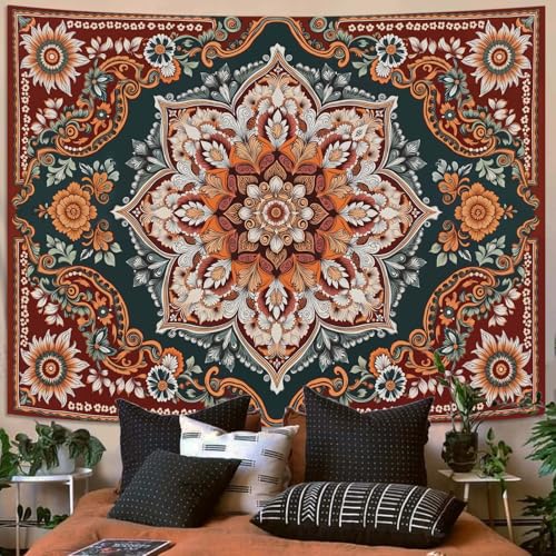 Motanber Vintage Mandala Tapestry Wall Hanging Boho Floral Tapestry Aesthetic Bohemian Flower Hippie Retro Indian Cute Small Tapestries for Bedroom Living Room Dorm Decor 48 x 36 Inch - color: Dark Red Green, size: 48"L x 36"W