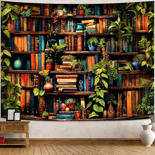 Accnicc Botanical Bookshelf Tapestry Lush Green Plant Book Shelf Tapestries Wall Hanging Vintage Retro Potted Plants Academics Extra Large Library Tapestry for Bedroom Living Room Dorm 90 x 68 inch - color: Green, size: 90"L x 68"W