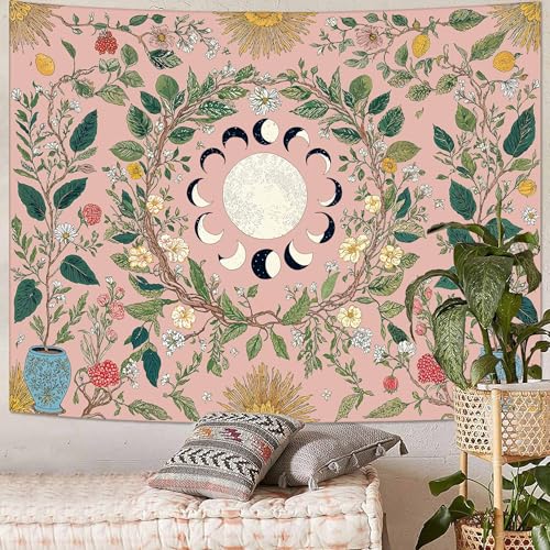 Wegklazax Moon Phases & Floral Tapestry, Aesthetic Botanical Wall Art for Room Decor, Pink Bohemian Home Decor 60" L x 44" W - color: Pink, size: 60"L x 44"W
