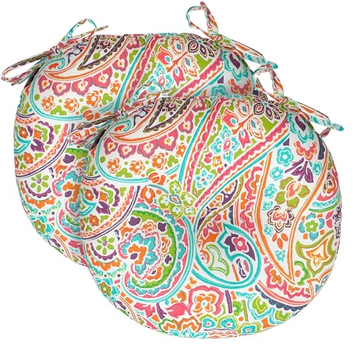 FUNHOME Outdoor Round Bistro Seat Cushions with Ties, Fluffy Tufted Patio Chair Pads 15"x15"x4", Set of 2 Water-Resistant Round Chair Cushions for Home Garden Melora Paisley - color: Colorful Paisley