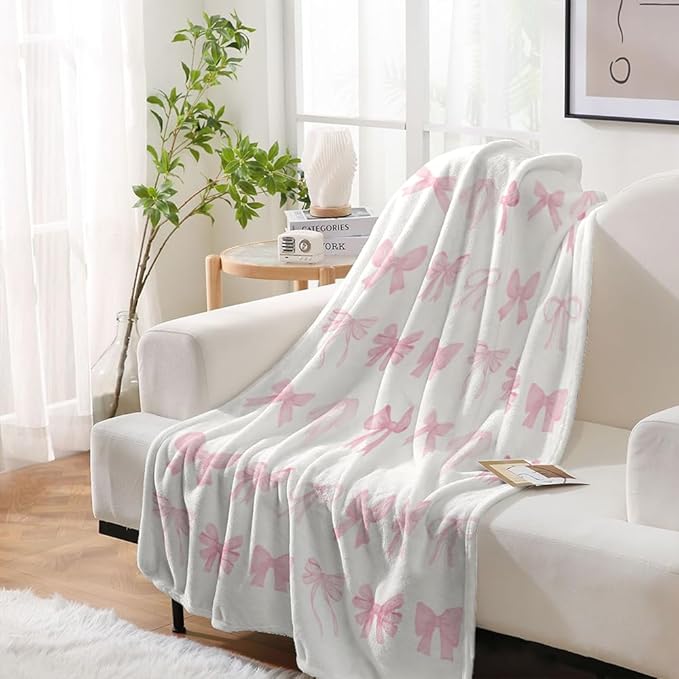 Coquette Pink Bow Blanket Cute Bow Christmas Throw Blanket Coquette Room Decor Trendy Preppy Coquette Blanket Couch Sofa Soft Warm Bed Blankets for Women Girls Gifts,40"x50"(Pink Bow)