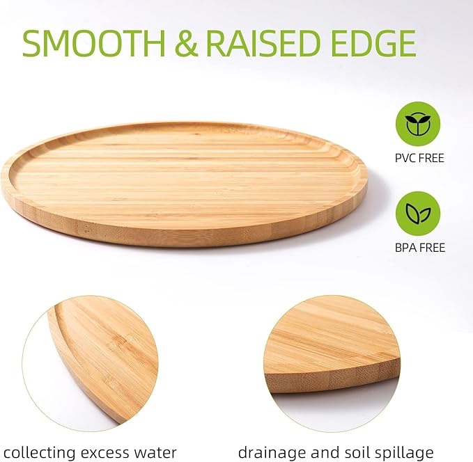 2 Pack Bamboo Saucer, 10.5 inch Plant Saucer, 10" Cactus Plant Tray, Round Bamboo Tray for Modern Ceramic Flower Pot, Planter Pot Tray, Also Use Cup Holder, Spoon Holder, Kitchen Utensil Rest
