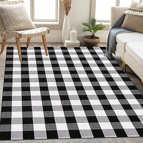 Buffalo Plaid Rug 5' x 7' Black and White Check Rug Washable Checkered Area Rug for Farmhouse/Entryway//Living Room/Laundry Room/Bedroom (5'x7', Black and White Plaid) - size: 5'x 7'