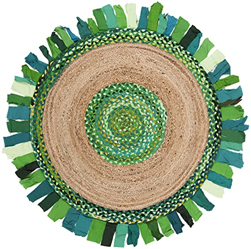 SAFAVIEH Cape Cod Collection Area Rug - 3' Round, Green & Natural, Handmade Boho Fringe Jute & Cotton, Ideal for High Traffic Areas in Living Room, Bedroom (CAP701Y) - color: Green/Natural, size: 3' (Round)