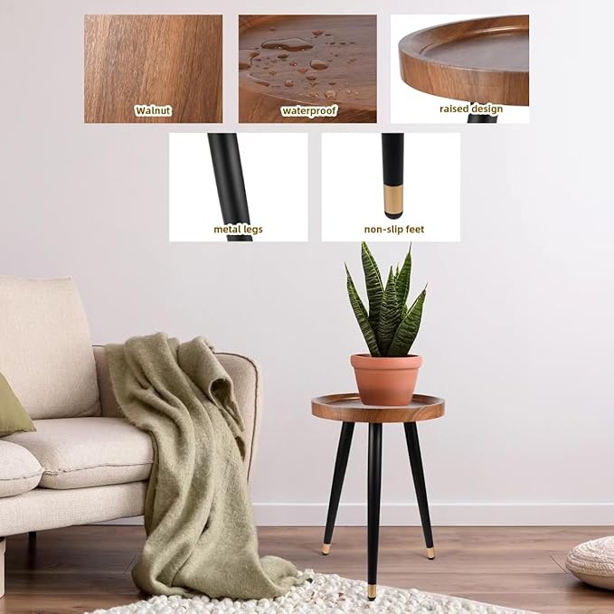 Plant Stand Indoor,Mid Century Walnut Wood Plant Table, Heavy Duty Metal Tall Flower Pot Stand,Modern Round Small Side End Table with Raised Design(12"x17") (2, 12 x 17 in)