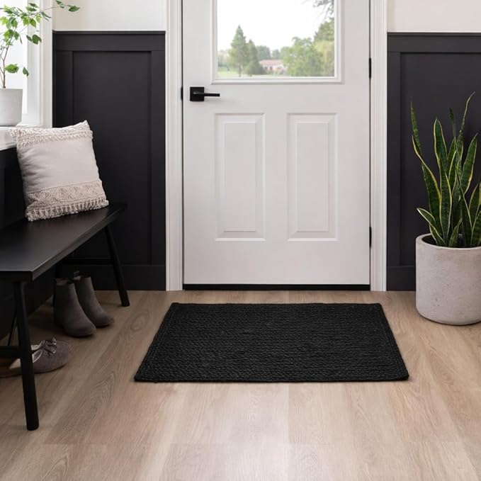 HOMEMONDE Handcrafted Woven Rectangle Jute Rug - Rustic Vintage Braided Reversible - Farmhouse Indoor Floor - Eco Friendly for Kitchen/Hallway/Living Room/Bedroom (Black, 2.3'x4'')