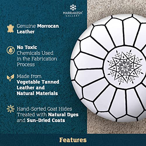Marrakesh Gallery Genuine Leather Round Pouf Unstuffed - Moroccan Ottoman Footstool, Footrest Cover - Boho Decor - Bohemian Living Room, Bedroom, Kids Room, Gift & Wedding - color: White By Black