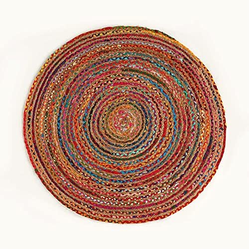 GRUHUM Round 9ft Handwoven Jute Cotton Bohemian Area Rug with Multi Color Braided Rustic Vintage Eco Friendly Design for Indoor Outdoor Living Room Hallway - color: Multi Color- 06, size: 9' (Round)