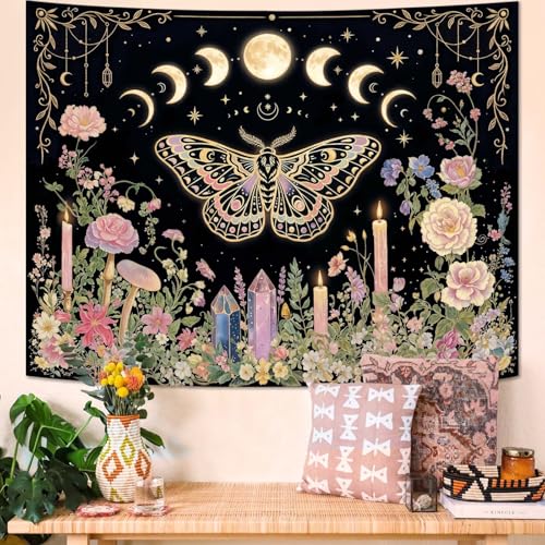 Haibimen Butterfly Tapestry Wall Hanging Moon Phases Floral Candle Crystal Black and Pink Tapestries for Bedroom Aesthetic Wallpaper Decor for Living Room, Dorm (Black 3, 48''×36'') - color: Black 3, size: 48''×36''