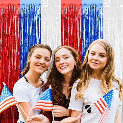 4 Pack Red Blue White Foil Fringe Curtain Backdrop, 3.28Ft x 8.2Ft Metallic Tinsel Foil Fringe Streamers Curtains for Photo Booth, Wedding, Mardi Gras, Birthday, Independence Day Party Decoration - color: Blue,White