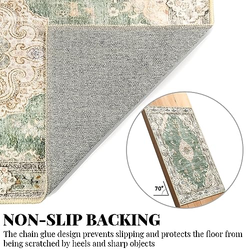 MUJOO Green Area Rug Small Rugs Boho Machine Washable Rugs Non Slip for Entryway Kitchen Bathroom Bedroom Vintage Soft Low-Pile 2'x3' Flowers - color: Green, size: 2' x 3' (Rectangular)
