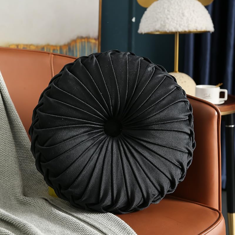 MOCOFO Round Velvet Throw Pillow, Pumpkin Shape Decorative Floor Cushion, Handcrafted Pleated Design, 14 and 16 Inch Diameter, Multiple Colors, Polyester Fill (Black, 14") - color: Black, size: 14"