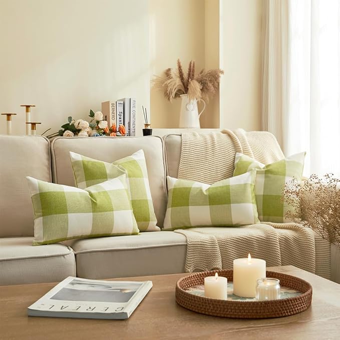 CARRIE HOME Spring Green Outdoor Lumbar Pillows 12 x 20 Set of 2, Spring Porch Decor Green Plaid Pillow Covers 12x20, Sage Gingham Pillow Covers for Patio Furniture (No Pillow Inserts)