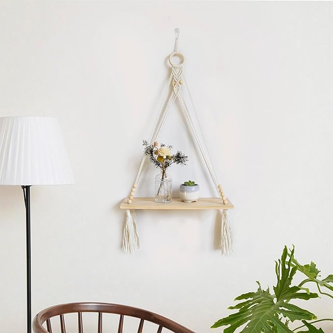 HVEST Macrame Wall Hanging Shelf Boho Wall Decor Floating Storage Book Shelf Beige Handmade Woven Tapestry for Bedroom Living Room Dorm Nursery Bathroom Wall Art Macrame Plant Hanger