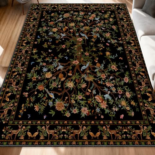 Black Area Rugs 5x7, Machine Washable Non-Slip Rug, Boho Floral Botanical Soft Low Pile Throw Rugs for Living Room, Bedroom, Dining Room, Office - color: Black, size: 7' x 5' (Rectangular)