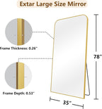 Koonmi Full Length Mirror, 78"x35" Mirror Full Length with Stand, Gold Domed Top Square-Edged Floor Mirror with Aluminum Alloy Frame for Bedroom Living Room