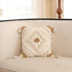 Snugtown Woven Tufted Boho Throw Pillow Cover, Modern Decorative Chevron Diamond Pattern Cushion Case, Farmhouse Pillowcase for Couch Sofa Bedroom Living Room, 18 x 18 Inches, Ivory, Tan, Beige