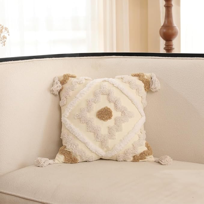 Snugtown Woven Tufted Boho Throw Pillow Cover, Modern Decorative Chevron Diamond Pattern Cushion Case, Farmhouse Pillowcase for Couch Sofa Bedroom Living Room, 18 x 18 Inches, Ivory, Tan, Beige
