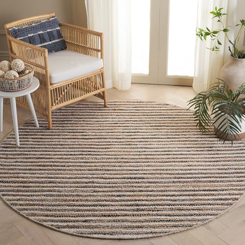 SAFAVIEH Cape Cod Collection Area Rug - 6' Round, Natural & Navy, Handmade Jute Blend, Braided Design, Ideal for the Living Room, Dining, Bedroom (CAP151N) - color: Natural/Navy, size: 6' (Round)