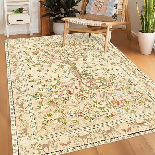 3x5 Area Rug Washable, Non-Slip Small Rug Carpet, Floral Boho Low Pile Soft Throw Rugs for Entryway, Bedroom, Kids Room, Dorm, Office, Nursery, Vintage Home Decor（Beige） - color: Beige, size: 5' x 3' (Rectangular)