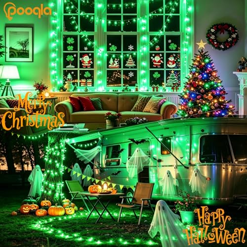 Pooqla 4 Pack String Lights Battery Operated, Total 66.6ft 200 LED Fairy Lights Indoor Outdoor Decorations, 8 Modes Green Battery Christmas Lights for ST Patrick's Day Halloween Porch Party Yard Decor - color: Green, size: 50 LED x4