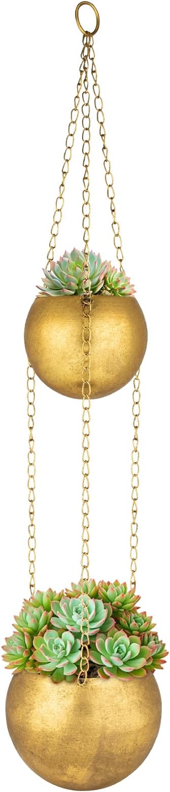 Gold Metal Hanging Planters for Indoor Plants - Round Wall Hanging Baskets with Hook & Chain & Drainage Hole Farmhouse Rustic Garden Rustproof Vintage Flower Pot for Wall Ceiling Plant Hanger Outdoor