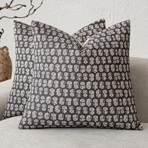Foindtower Set of 2 Decorative Neutral Floral Print Throw Pillow Covers Vintage Accent Farmhouse Cushion Covers Boho Home Decor for Sofa Couch Chair Bedroom Living Room,18×18 Inch,Black - color: Black Sand, size: 18" x 18" (Pack of 2)