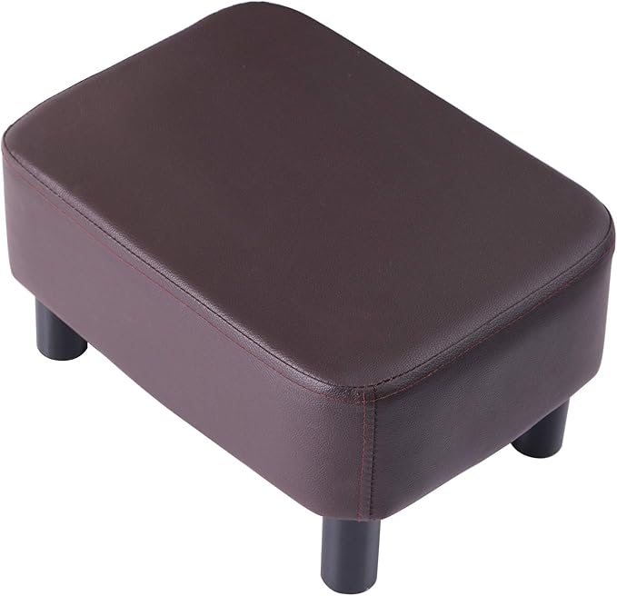 IBUYKE 16.54" Small Footstool, PU Faux Leather Step Stool, with Padded Seat Pine Wood Legs and Padded Rectangular Stool, for Bedroom, Brown RF-BD209