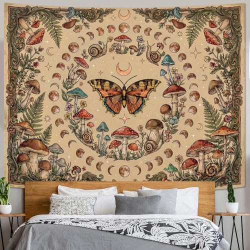 Gruaoihy Boho Vintage Moon Phase Tapestry, Botanical Aesthetic Butterfly Plant Mushroom Wall Hanging for Bedroom Dorm Decor, Beige 36x48 inches - color: Butterfly and Moon, size: 48"L x 36"W