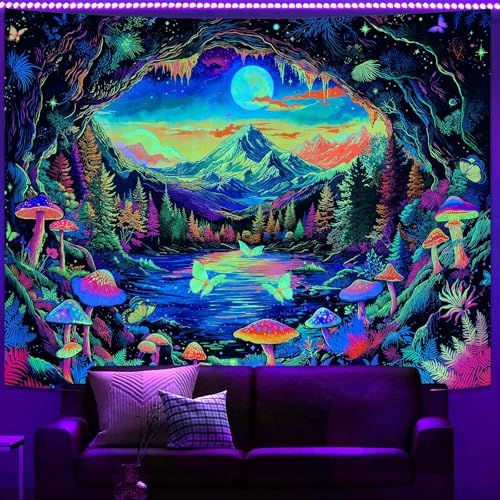 Zussun Blacklight Mushroom Forest Tapestry UV Reactive Nature Mountain Moon Butterfly Tapestry for Bedroom Aesthetic Landscape Large Tapestries Wall Hanging for Dorm Living Room Decor 80 x 60 Inch - color: Warm Yellow, size: 80"L x 60"W