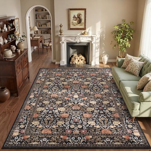 GarveeHome Brown Vintage Floral Washable 6x9 Area Rugs for Living Room Black Boho Botanical Retro Rug Low Pile Non Slip Carpet for Bedroom Nursery Dining Room - color: A Brown / Black, size: 6' x 9' (Rectangular)
